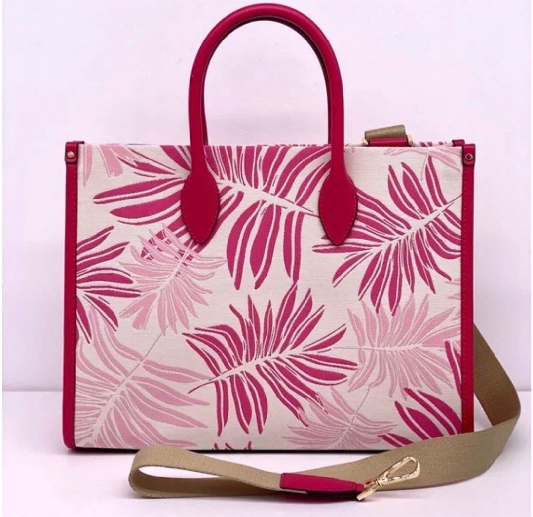 BNWT MICHAEL KORS MIRELLA MEDIUM PALM JACOUARD TOTE BAG (Category: Tote Bags) located in Singapore. Submitted by blessedcow (Listing ID 1321140025, Image 2). Description: Brand new with tag Color: Electric Pink Multi • Tote bag • Palm jacquard • 69.7% cotton/30.3% polyester • Trim 1: 60% polyurethane/20% cotton/ 20% polyester • Trim 2: 85% acrylic/15% polyester • Gold-tone hardware • 13.75”W X10.75”H X 4.75”D • Handle drop: 4.5” • Adjustable stra