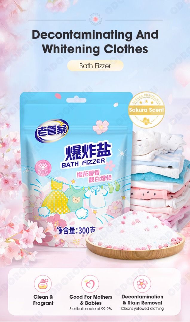 ODOROKU Sakura Explosive Salt Fizzer Laundry Stain Removal 300g 1000g Antibacterial & Deep Cleaning Laundry Detergent Powder Remove Dirt Yellow Keep Fresh Smell Clothes Washing Infant Adult Clothes Powerful Bleach Laundry Stain Remover (Category: Cleaning Tools & Supplies) located in Singapore. Submitted by odoroku (Listing ID 1322284950, Image 2). Description: Product Details of ODOROKU Sakura Explosive Salt Fizzer Laundry Stain Removal 300g 100