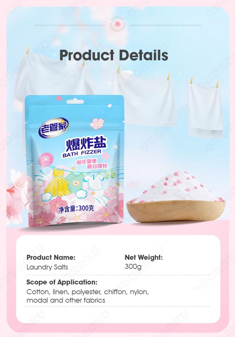 ODOROKU Sakura Explosive Salt Fizzer Laundry Stain Removal 300g 1000g Antibacterial & Deep Cleaning Laundry Detergent Powder Remove Dirt Yellow Keep Fresh Smell Clothes Washing Infant Adult Clothes Powerful Bleach Laundry Stain Remover (Category: Cleaning Tools & Supplies) located in Singapore. Submitted by odoroku (Listing ID 1322284950, Image 8). Description: Product Details of ODOROKU Sakura Explosive Salt Fizzer Laundry Stain Removal 300g 100