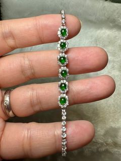 Natural Type A Myanmar Jadeite Jade  Imperial Green  925 Silver Bracelet