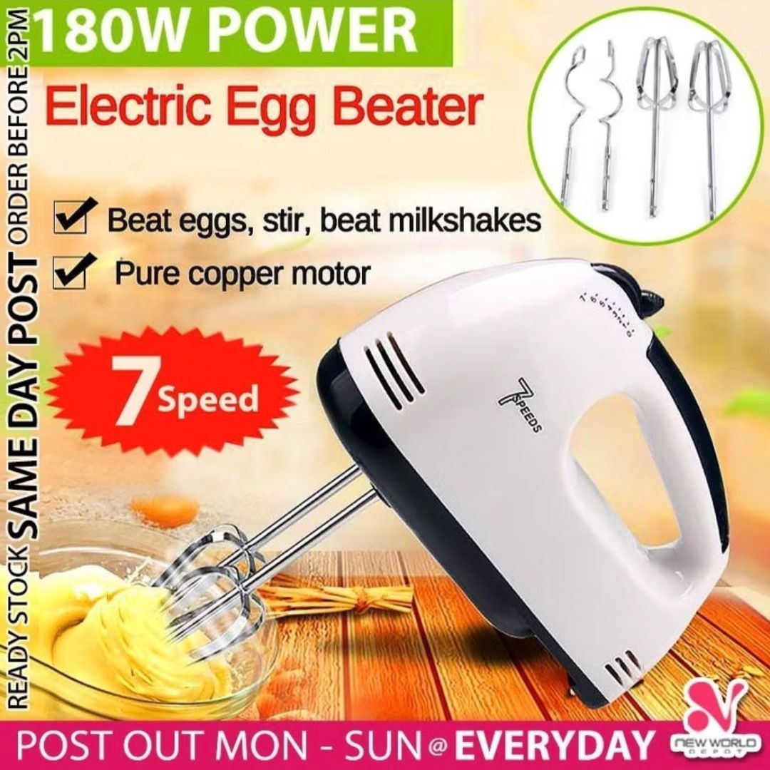 7 Speed Electric Hand Mixer Handheld Egg Beater Cream Whipper Cake Whisk Food Blender Handheld Mixer Handheld Whisk Kitchen Mixer Electric Mixer Kitchen Appliance (Category: Hand & Stand Mixers) located in Singapore. Submitted by cozyluxeco (Listing ID 1325663121, Image 1). Description: 🚚 FREE DOORSTEP DELIVERY 🚚 *DM if interested* Delivery takes 4-5 working days. Voltage: 220V Power: 180W.