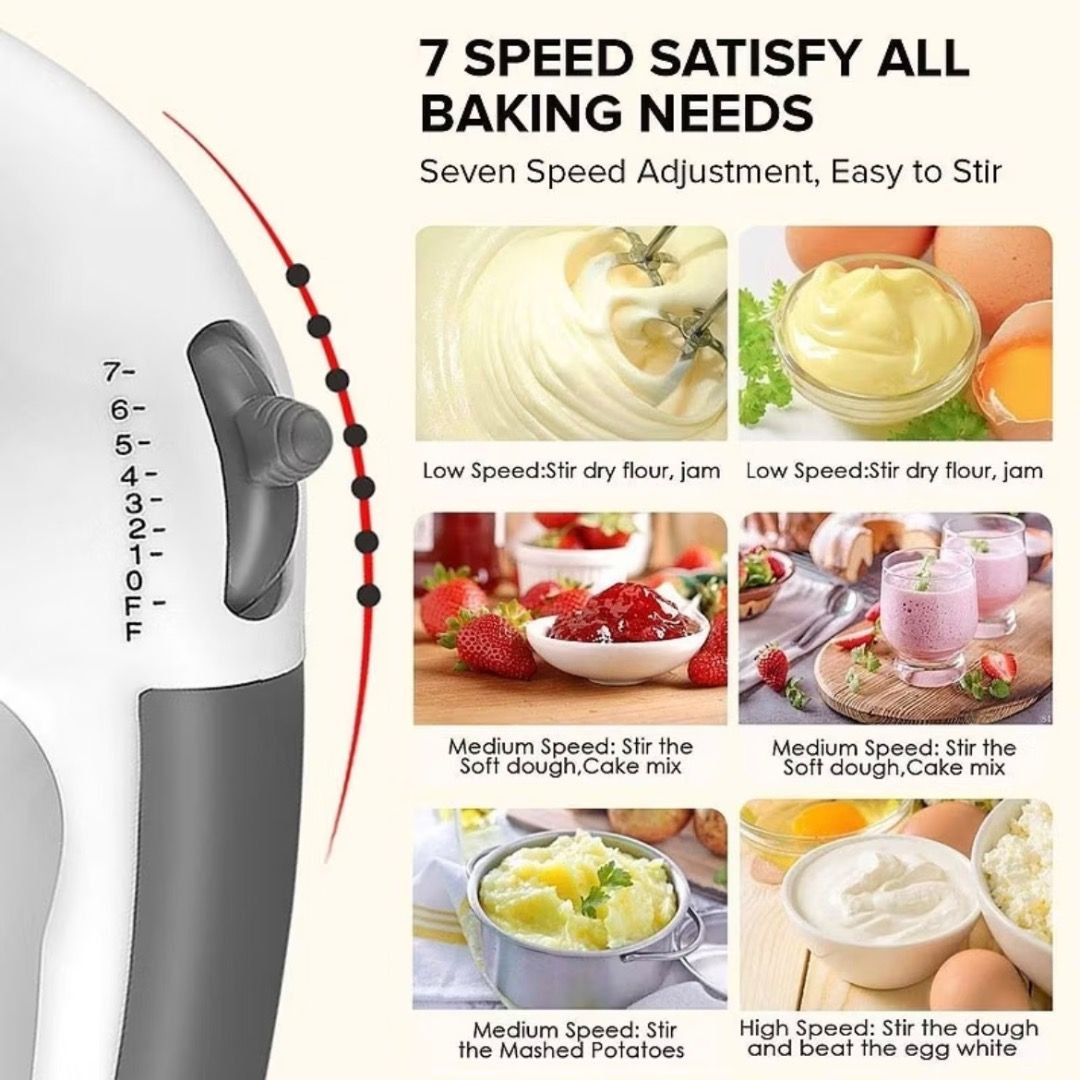 7 Speed Electric Hand Mixer Handheld Egg Beater Cream Whipper Cake Whisk Food Blender Handheld Mixer Handheld Whisk Kitchen Mixer Electric Mixer Kitchen Appliance (Category: Hand & Stand Mixers) located in Singapore. Submitted by cozyluxeco (Listing ID 1325663121, Image 5). Description: 🚚 FREE DOORSTEP DELIVERY 🚚 *DM if interested* Delivery takes 4-5 working days. Voltage: 220V Power: 180W.