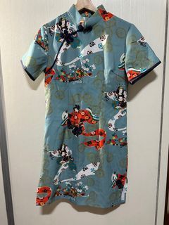 geisha print turquoise cheongsam