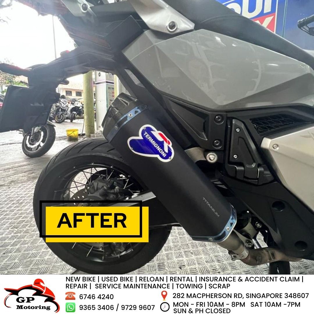HONDA X-ADV 750 | YAMAHA XMAX V1 | CB400X | CB400 | ZX4RR | TERMIGNONI | AKRAPOVIC | LEOVINCE | SC PROJECT | BODIS | ARROW | YOSHIMURA | MORIWAKI | YAMAMOTO | SP TADAO | LTA APPROVED | BUY NOW, PAY LATER | READY STOCK | ORIGINAL | GP MOTORING | GPMOTORING (Category: Exhaust) located in Singapore. Submitted by gpmotoring (Listing ID 1204087856, Image 4). Description: ✅ LTA Approved Exhausts for KTM, CFMoto, Yamaha, Honda, Kawasaki and more! 💳 BUY