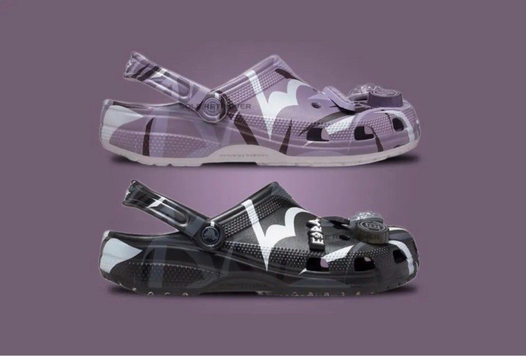 Clot x Crocs (Black & Purple) (Category: Sneakers) located in Singapore. Submitted by hypeprn (Listing ID 1327971147, Image 1). Description: US 9 / UK 8 / 27 cm / EU 42.5-43 Foam Construction All-Over Printed Graphic Croslite™ Footbed Iconic Crocs Comfort™ Branded Heel Strap Mauve Mist Colorway .