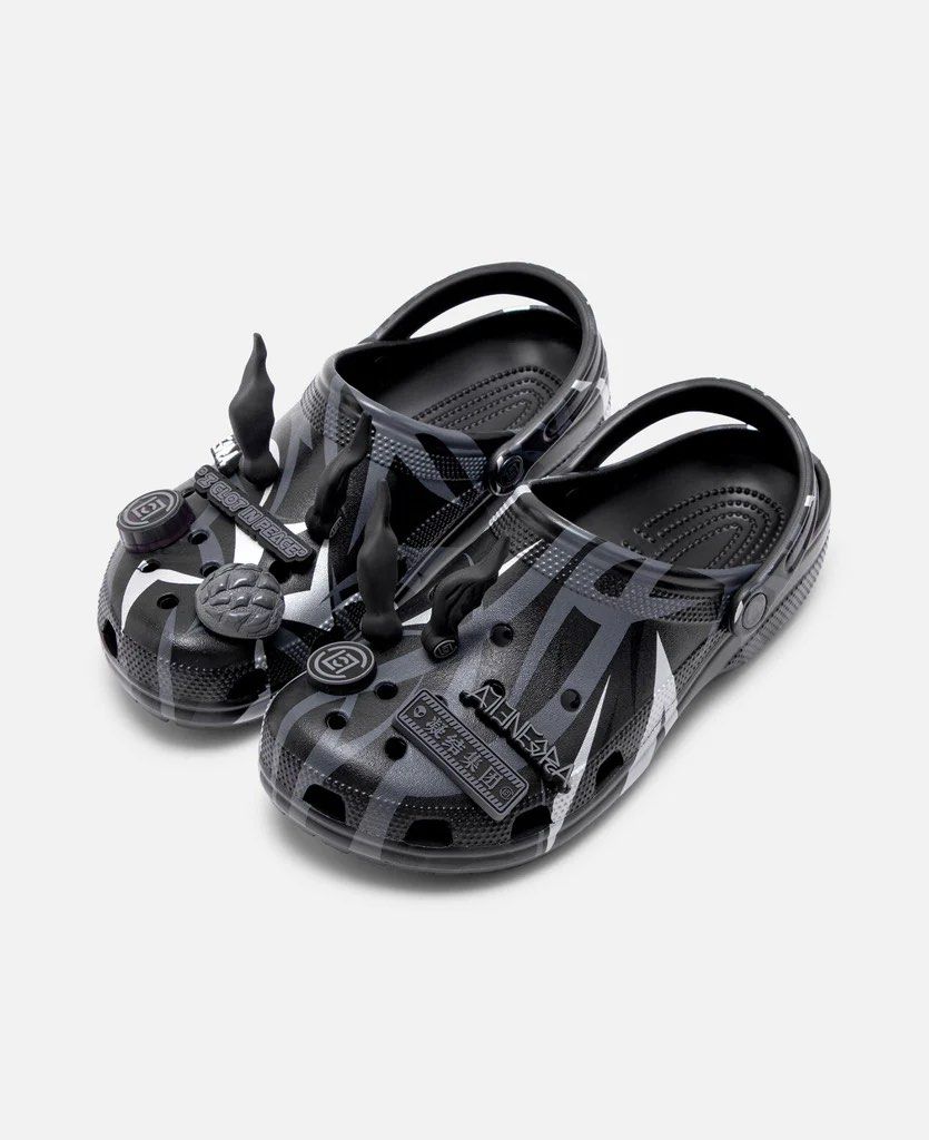 Clot x Crocs (Black & Purple) (Category: Sneakers) located in Singapore. Submitted by hypeprn (Listing ID 1327971147, Image 2). Description: US 9 / UK 8 / 27 cm / EU 42.5-43 Foam Construction All-Over Printed Graphic Croslite™ Footbed Iconic Crocs Comfort™ Branded Heel Strap Mauve Mist Colorway .