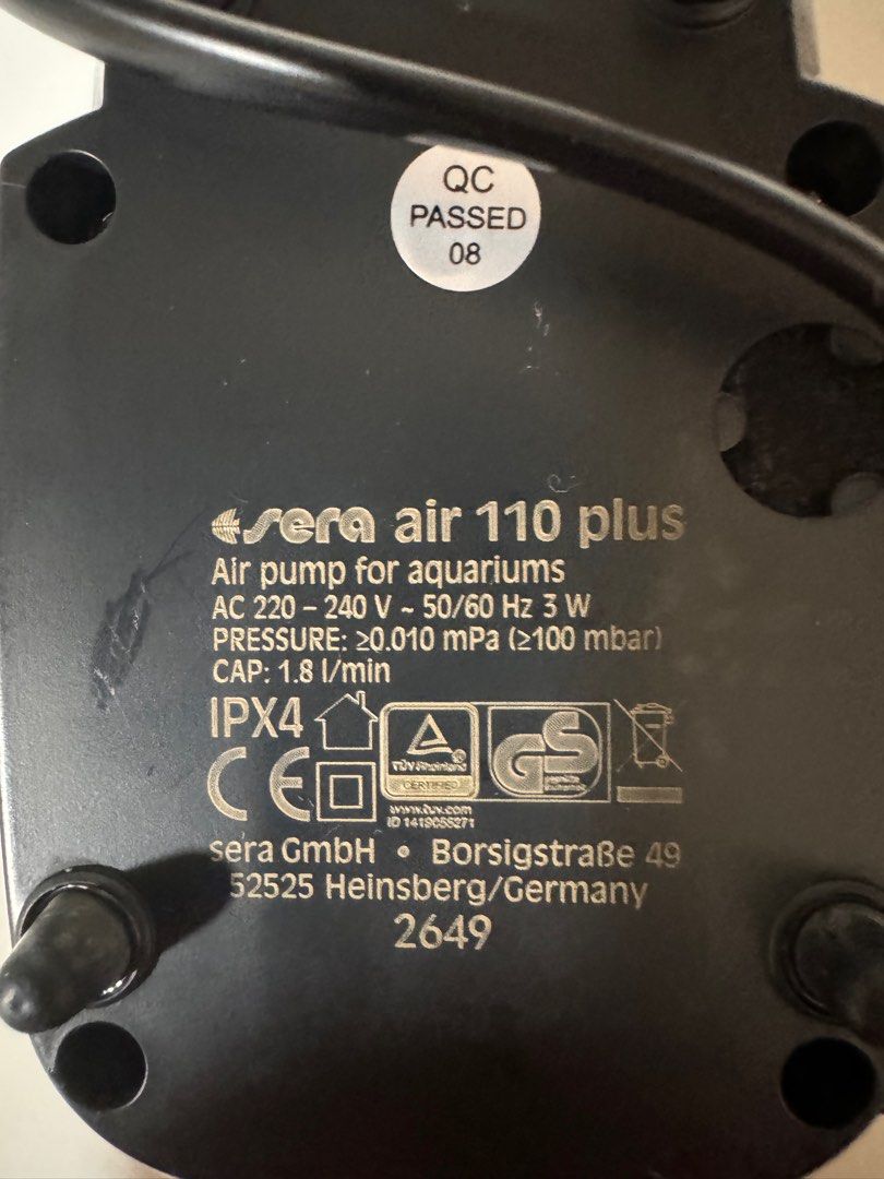 Sera air 110 plus (Category: Homes & Other Pet Accessories) located in Singapore. Submitted by rainbow_road_64 (Listing ID 1323640486, Image 2). Description: Sera air 110 plus pump 1 air outlet Used for 4 years 2 units available for sale ($10 each, 2 for $18) Collect at AMK.