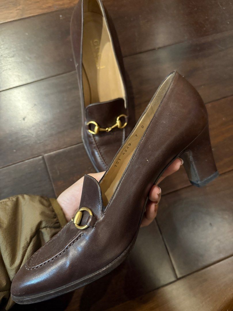 Authentic vintage Gucci loafers (Category: Loafers) located in Singapore. Submitted by chikichiki96 (Listing ID 1348379067, Image 2). Description: Vintage Gucci heeled loafers (5cm) in good leather condition. Size US 7/ EU 38 but best for feet of 23-23.5cm Pick up at Tampines East MRT or discussed location..