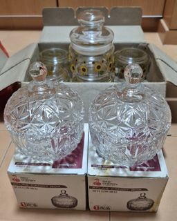 Two Red Cherry Atlas Candy Boxes and Six Glass Jars