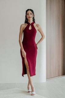 Carrislabelle Chun Padded Textured Qipao Cheongsam Qi Pao Dress V2 (Maroon)