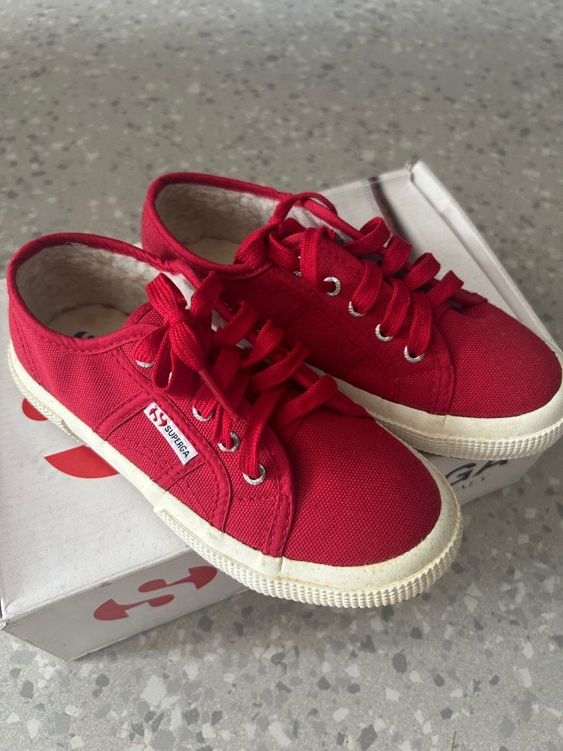 BN Superga Junior 2750-COBINJ Red Sneakers RTP $59 (Category: Babies & Kids Fashion) located in Singapore. Submitted by shoppiemama (Listing ID 1400038419, Image 1). Description: Superga Junior Shoes Tagged size 30 (19.3cm) Brand new in box. Retail price $59, selling $5 to clear. Soles have yellow spots due to storage, does not affect wear. Meet up, postage or courier .