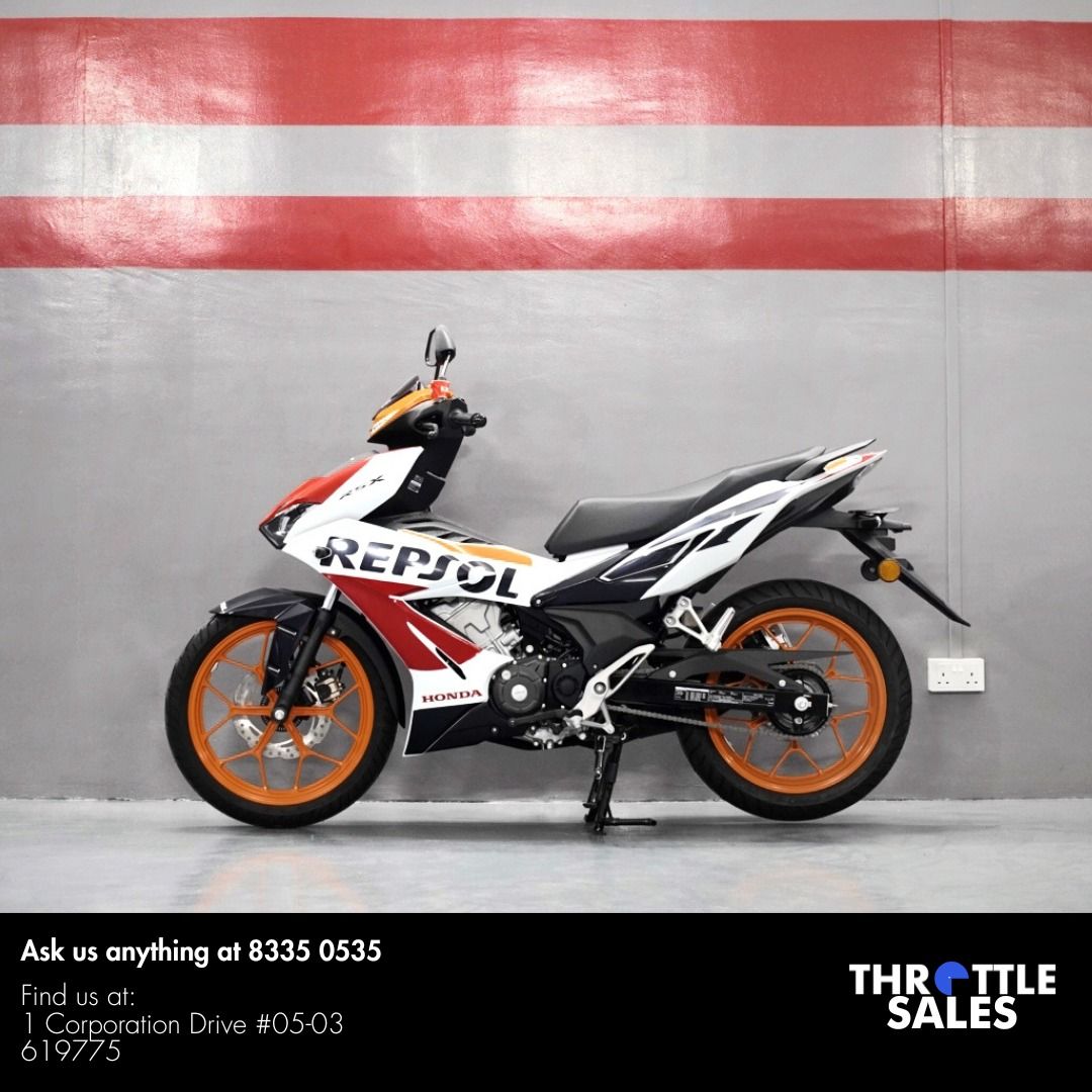 HONDA RSX150 🔥(BRAND NEW | WINNER X | REPSOL VERSION | RS150 | RS150R ) (Category: Class 2B) located in Singapore. Submitted by throttlesalessg (Listing ID 1401444599, Image 2). Description: Honda RSX150 🔥 — equipped with DOHC 6-speed engine for power and precision on every shift. LED lights, digital meter, and sporty design. Loans available | Trade-ins welcome 🔥 Flexible Downpayment Options 🔥 Low Interest & Insurance Rates 🔥 High Trade-In V