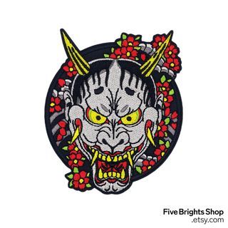 Hannya Mask Tattoo - LAD/ Yakuza Series - Iron on Embroidered Patch - Morale Patch, Hook and Loop, Pin Badge - Majima Goro, Sakura Blossoms