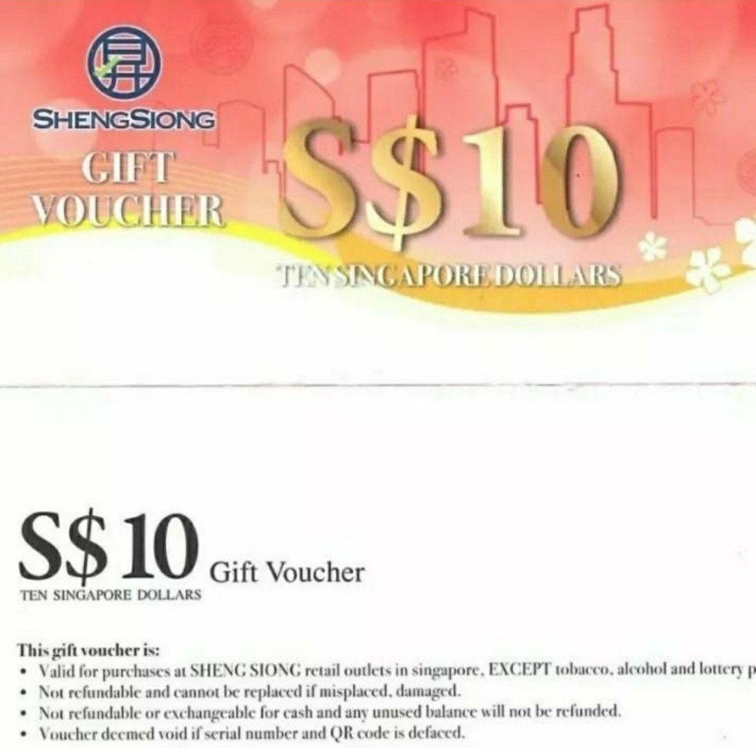 [7% discount] Sheng siong $10 vouchers (Category: Vouchers) located in Singapore. Submitted by starryfind (Listing ID 1396869468, Image 1). Description: Denomination in $10.