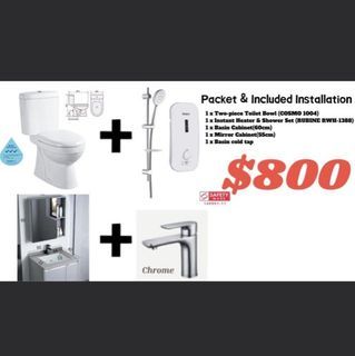 🔥Packet Sale🔥Toilet Bowl + Instant Heater + Basin Cabinet + Mirror Cabinet + Basin Cold Tap and including INSTALLATION