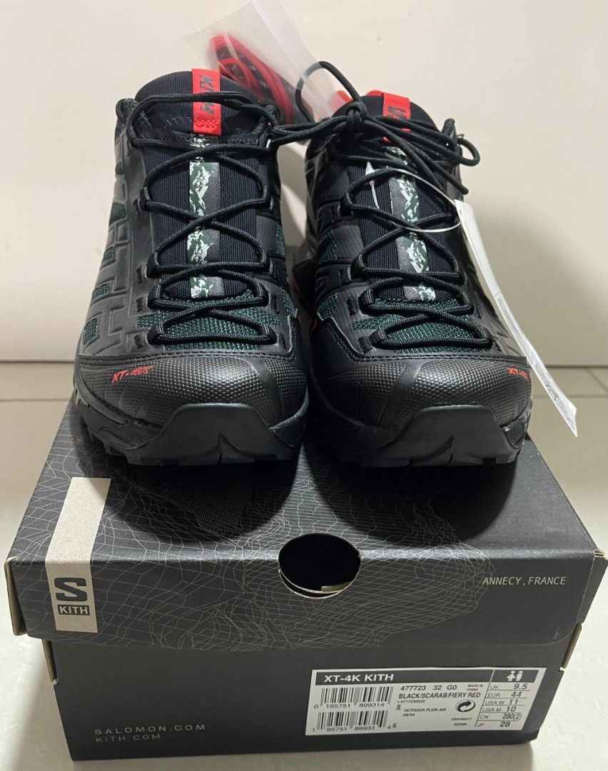 Kith x Salomon XT-4 "Kithmas Black" (Authentic) (Category: Sneakers) located in Singapore. Submitted by xuperman (Listing ID 1405109004, Image 3). Description: Brand : Salomon Item : XT-4 x Kith “Kithmas Black” SKU : L4777230032 Color : Black / Scarab / Fiery Red Size : UK9.5 / US10 / CM28 / EUR44 Price : $500 Condition : 10/10 (BNIB).