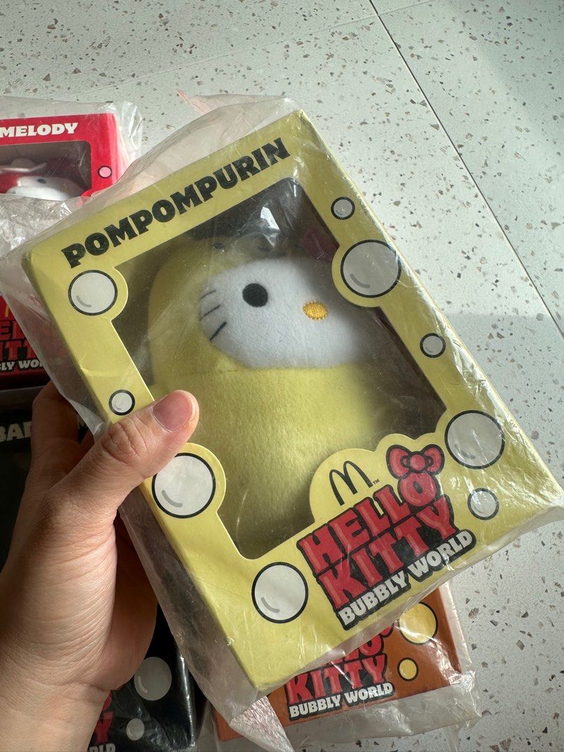 McDonald's Hello Kitty Bubbly World Plush Toys (Category: Character Goods) located in Singapore. Submitted by shstn (Listing ID 1405999363, Image 5). Description: Available characters - My Melody Pompompurin Bad Badtz-maru Sari No Monkichi Brand new and sealed. $8 each or take all 4 for $28..