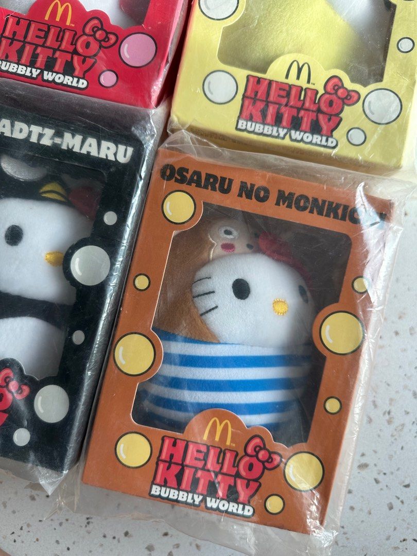 McDonald's Hello Kitty Bubbly World Plush Toys (Category: Character Goods) located in Singapore. Submitted by shstn (Listing ID 1405999363, Image 2). Description: Available characters - My Melody Pompompurin Bad Badtz-maru Sari No Monkichi Brand new and sealed. $8 each or take all 4 for $28..