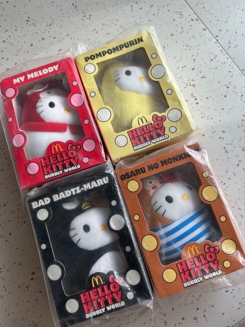 McDonald's Hello Kitty Bubbly World Plush Toys (Category: Character Goods) located in Singapore. Submitted by shstn (Listing ID 1405999363, Image 1). Description: Available characters - My Melody Pompompurin Bad Badtz-maru Sari No Monkichi Brand new and sealed. $8 each or take all 4 for $28..