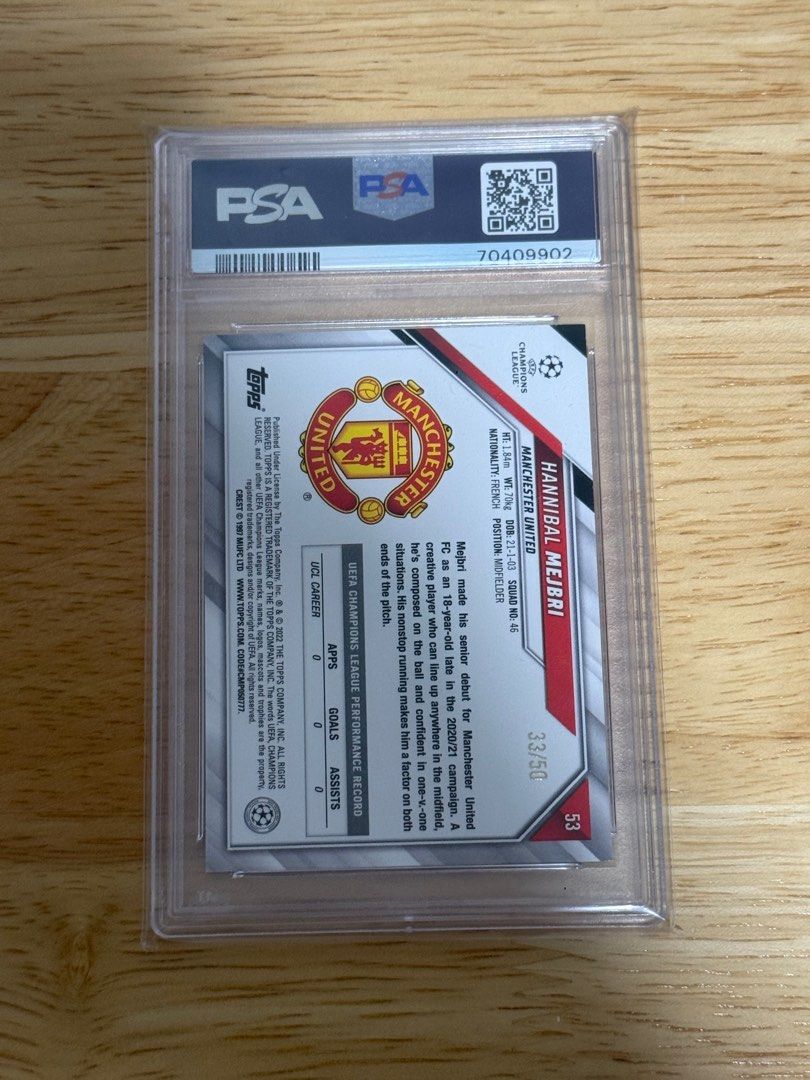 (PSA 10) Hannibal Mejbri #53 33/50 Yellow Jade 2021-22 Topps UCL Jade Edition (Category: Vintage Collectibles) located in Singapore. Submitted by juicetus (Listing ID 1406711906, Image 2). Description: Graded Manchester United soccer card POP1 rookie card Smartpac mailing included if price met. .