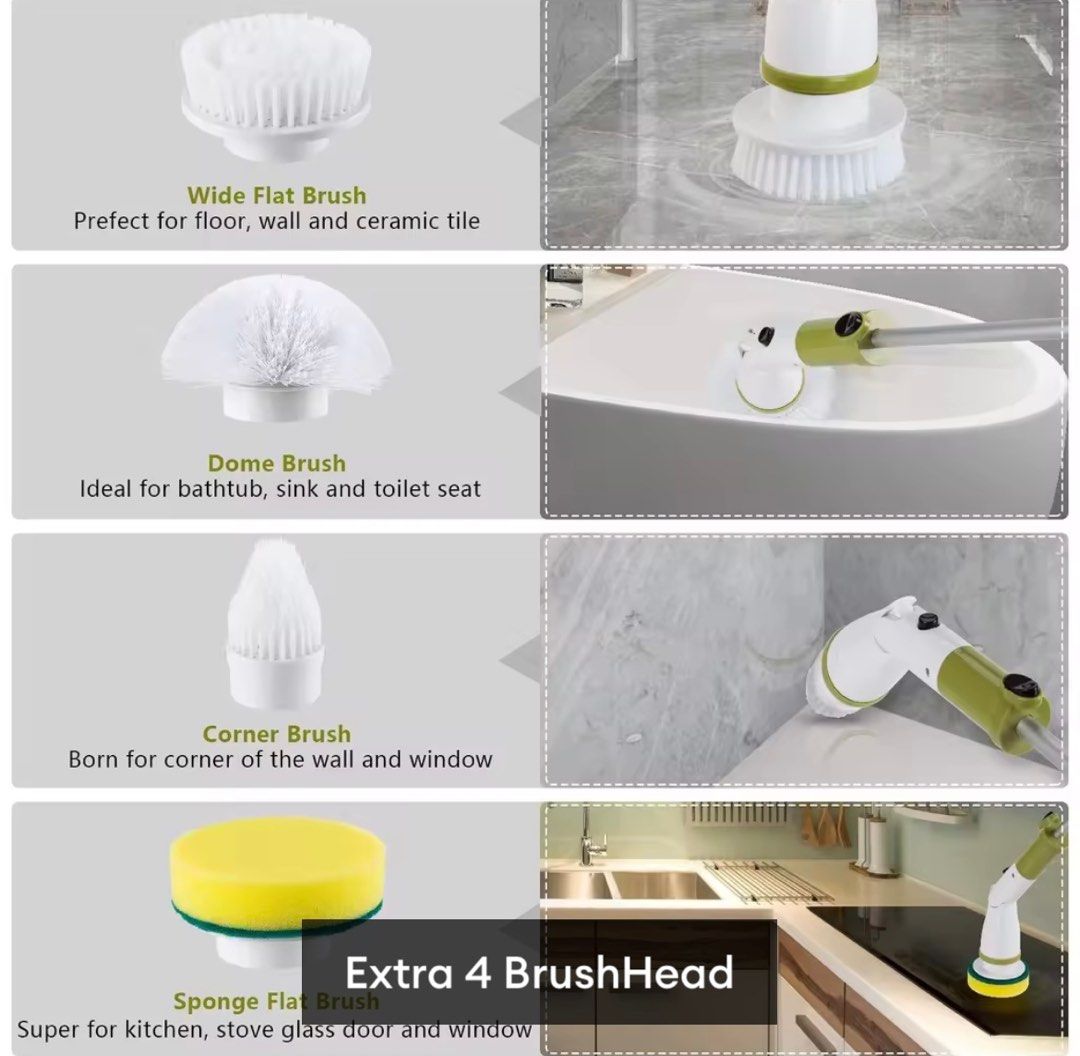 Rechargeable Wireless Electric Spin Scrubber Power Brush Bathroom Hurricane Scrubber Floor Washing Machine 电动清洁刷 (Category: Cleaning Tools & Supplies) located in Singapore. Submitted by kitty128 (Listing ID 1406787483, Image 5). Description: Brand new Jesopb rechargeable electric spin scrubber. Comes with multiple brush heads for various cleaning tasks, including floors, corners, and bathtubs. Features an extendable handle and UK plug. Makes clea
