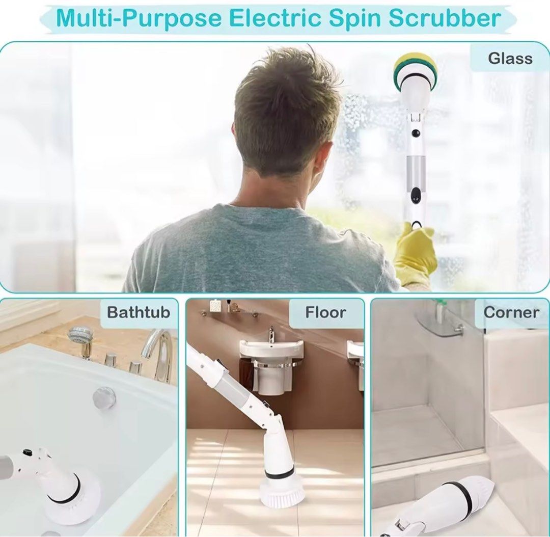 Rechargeable Wireless Electric Spin Scrubber Power Brush Bathroom Hurricane Scrubber Floor Washing Machine 电动清洁刷 (Category: Cleaning Tools & Supplies) located in Singapore. Submitted by kitty128 (Listing ID 1406787483, Image 3). Description: Brand new Jesopb rechargeable electric spin scrubber. Comes with multiple brush heads for various cleaning tasks, including floors, corners, and bathtubs. Features an extendable handle and UK plug. Makes clea