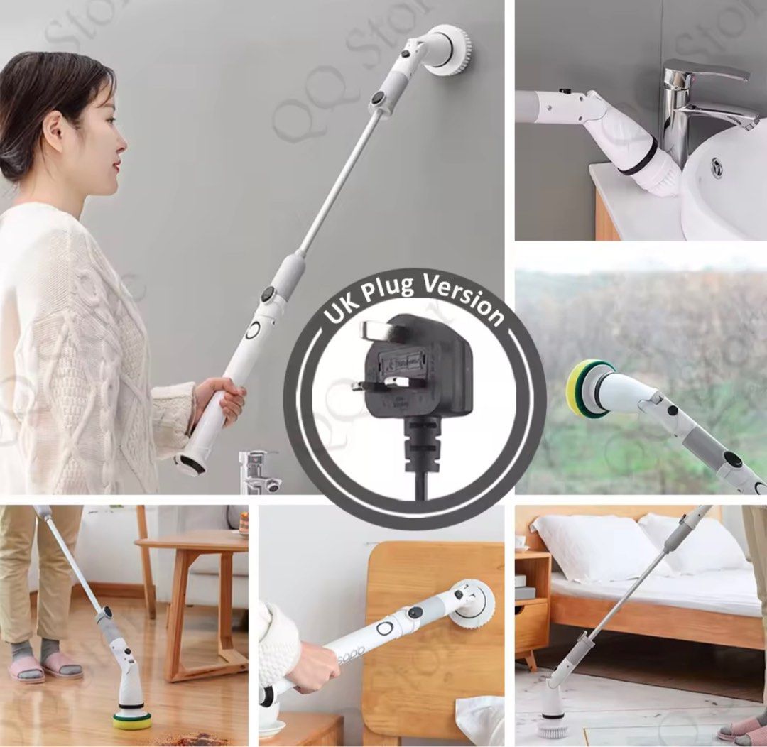 Rechargeable Wireless Electric Spin Scrubber Power Brush Bathroom Hurricane Scrubber Floor Washing Machine 电动清洁刷 (Category: Cleaning Tools & Supplies) located in Singapore. Submitted by kitty128 (Listing ID 1406787483, Image 1). Description: Brand new Jesopb rechargeable electric spin scrubber. Comes with multiple brush heads for various cleaning tasks, including floors, corners, and bathtubs. Features an extendable handle and UK plug. Makes clea