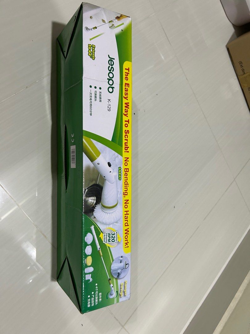 Rechargeable Wireless Electric Spin Scrubber Power Brush Bathroom Hurricane Scrubber Floor Washing Machine 电动清洁刷 (Category: Cleaning Tools & Supplies) located in Singapore. Submitted by kitty128 (Listing ID 1406787483, Image 7). Description: Brand new Jesopb rechargeable electric spin scrubber. Comes with multiple brush heads for various cleaning tasks, including floors, corners, and bathtubs. Features an extendable handle and UK plug. Makes clea