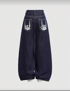 Dark Wash Wide Leg Jeans with Skeleton Hands
