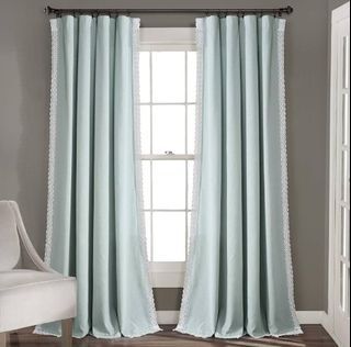 JE-Lush Decor Rosalie Light Filtering Window Curtain Panel Set- Pair- Vintage Farmhouse & French Country Style Curtains - Timeless Dreamy Drape - Romantic Lace Trim - 54" W x 84" L, Blue
