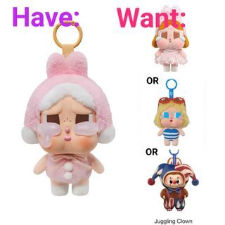 WTT/WTS [Sealed Box] BNIB Authentic Crybaby Crying Again Pink Bunny (I’ll give you all my love) trade with Crybaby Sunbathing, Crybaby Shiny Shiny Plush Pink, Why So Serious Juggling Clown) or other Popmart series, see description