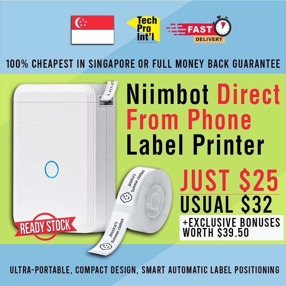 Niimbot Direct From Phone Label Printer, Handheld Printer, Portable Printer (Category: Printers, Scanners & Copiers) located in Singapore. Submitted by TechProInternational (Listing ID 1411053797, Image 1). Description: Niimbot Direct From Phone Label Printer Singapore’s Cheapest Deal Price: Only $25 (Usual $32) Ready Stock | Fast Delivery Why Choose Our Niimbot Label Printer? ✅ Wireless Convenience: No cable connection needed while printing—prin