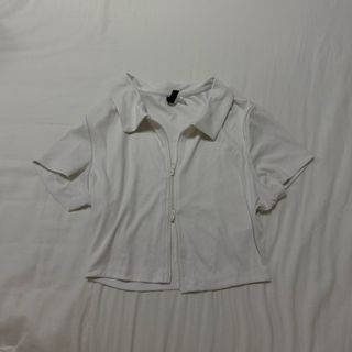 wts H&M white crop short sleeve cover up outerwear two way zip up