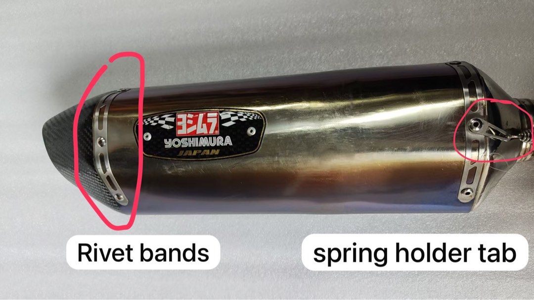 Yoshimura Accessories (Category: Motorcycle Apparel) located in Singapore. Submitted by ahzhan__ (Listing ID 1332612743, Image 4). Description: •Yoshimura Rivets $5 per piece •R77 Exhaust Parts $150 R77 Sleeve (CB400) $100 Chrome Exhuast Tip $30 Yoshimura Emblem $10 exhaust rivet band 1pc $5 exhaust spring tab holder 1pc •Trioval Exhaust -(Spec 3, Spark) $150 Trioval Sleeve (CB400) $30 Yoshimura Emblem $10 Exhuast Rivet Band .