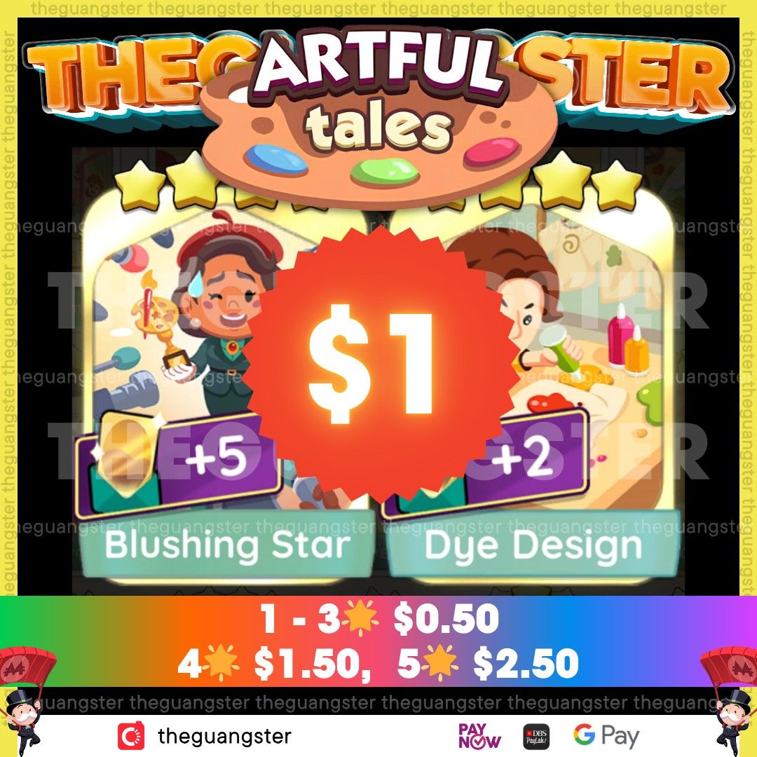 🎨[CHEAPEST] Monopoly GO Golden Blitz! Blushing Star! Dye Design! (Category: In-Game Products) located in Singapore. Submitted by theguangster (Listing ID 1353780629, Image 1). Description: Last updated (20 Feb, 1am) Ready in stock, available sending slots 😊 Feel free to send me a PM to inquire 1-5⭐️ sticker you're looking for, thank you 😊 ✅ Blushing Star (Set 13) ✅ Dye Design (Set 14) 4 & 5⭐️ sticker (Ready and all in stock): https://carousell