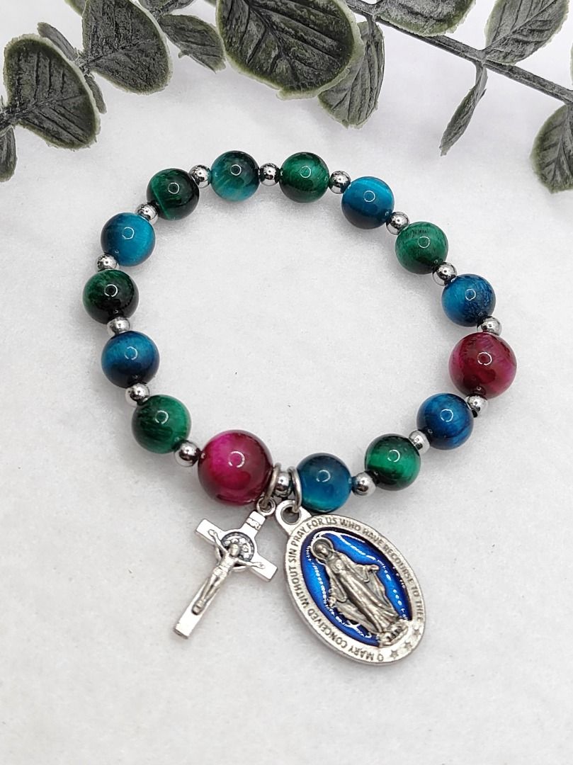 Rosary Bracelet - Blue Green Rose Tiger Eye, Stretchable Bracelet, Catholic Jewelry, Catholic Saint, Religious Gift, Baptism Gift (Category: Religious Items) located in Singapore. Submitted by secretayuco (Listing ID 1357574616, Image 1). Description: - Handmade item, Ships from a small business in Singapore - Bracelet Circumference in CM (Please DM size) - Materials: 1) Blue Tiger Eye beads, approximately 8mm 2) Green Tiger Eye beads, approximat