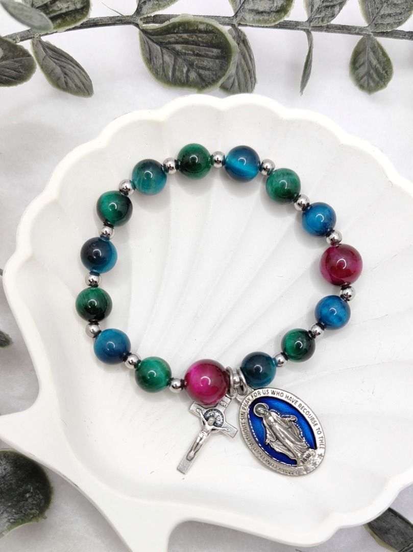 Rosary Bracelet - Blue Green Rose Tiger Eye, Stretchable Bracelet, Catholic Jewelry, Catholic Saint, Religious Gift, Baptism Gift (Category: Religious Items) located in Singapore. Submitted by secretayuco (Listing ID 1357574616, Image 2). Description: - Handmade item, Ships from a small business in Singapore - Bracelet Circumference in CM (Please DM size) - Materials: 1) Blue Tiger Eye beads, approximately 8mm 2) Green Tiger Eye beads, approximat