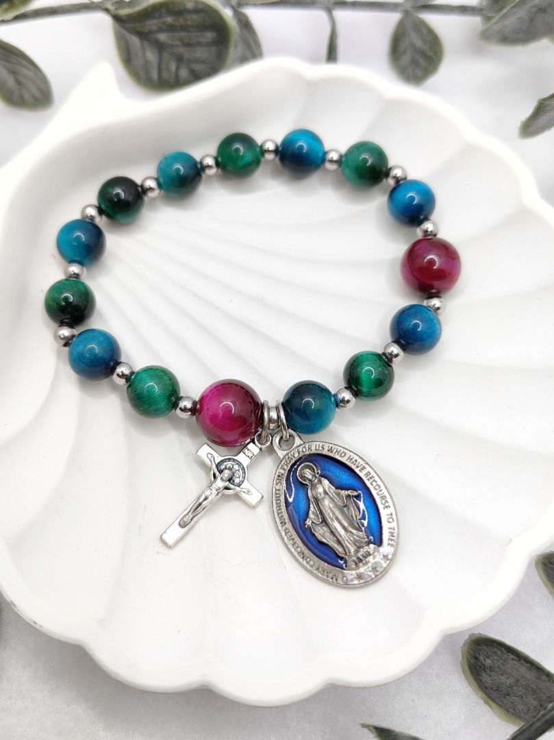 Rosary Bracelet - Blue Green Rose Tiger Eye, Stretchable Bracelet, Catholic Jewelry, Catholic Saint, Religious Gift, Baptism Gift (Category: Religious Items) located in Singapore. Submitted by secretayuco (Listing ID 1357574616, Image 3). Description: - Handmade item, Ships from a small business in Singapore - Bracelet Circumference in CM (Please DM size) - Materials: 1) Blue Tiger Eye beads, approximately 8mm 2) Green Tiger Eye beads, approximat
