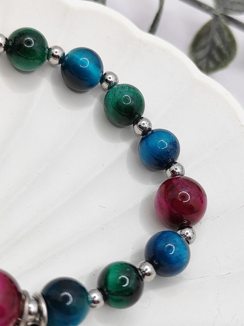 Rosary Bracelet - Blue Green Rose Tiger Eye, Stretchable Bracelet, Catholic Jewelry, Catholic Saint, Religious Gift, Baptism Gift (Category: Religious Items) located in Singapore. Submitted by secretayuco (Listing ID 1357574616, Image 4). Description: - Handmade item, Ships from a small business in Singapore - Bracelet Circumference in CM (Please DM size) - Materials: 1) Blue Tiger Eye beads, approximately 8mm 2) Green Tiger Eye beads, approximat