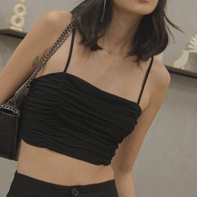YHF Darling ruched crop top (Category: Sleeveless) located in Singapore. Submitted by xchocolateeeeee (Listing ID 1361147536, Image 1). Description: $14 mailed Yhf black darling ruched top. Size XS. Worn thrice. Comes with adjustable straps and zip at the back Young hungry free younghungryfree.