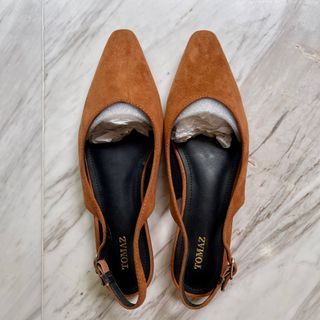 Velvet Suede Pointed-Toe Slingback Flats - Brown / Camel