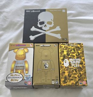 Medicom Toy x Bandai Chogokin -  Bearbrick 200% set of  5 (Mastermind Japan Black & Gold, Gold A Bathing Ape Bape Shark, Gold My First Be@rbrick Baby, Gold Centurion Project 1/6)