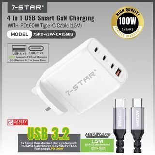 7-STAR* 100W GaN PD Fast Charger Adapter | x3 USB C Type C + x1 USB A Output 3 Pin UK Power Adaptor Travel Plug with SG Safety Mark + Free MaxTen MaxStone PD100W 5A Gen2 E-Mark 1.5M USB Type-C to Type-C Cable
