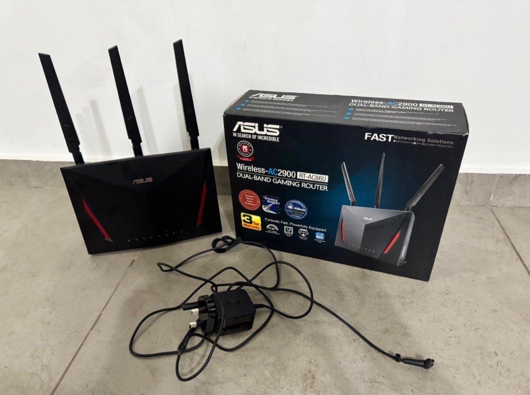 ASUS AC2900 WiFi Gaming Router (RT-AC86U) (Category: Networking) located in Singapore. Submitted by joseph_g_jones (Listing ID 1366991778, Image 1). Description: ASUS AC2900 WiFi Gaming Router (RT-AC86U) - Dual Band Gigabit Wireless Internet Router, WTFast Game Accelerator, Streaming, AiMesh Compatible,.