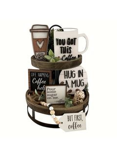 5pcs Set Rustic Coffee Bar Wooden Signs, Farmhouse Coffee Bar Wooden Plaque, Primitive Coffee Wood Table Center Decor, Coffee Multi-Tier Tray Decorative Table Sign, Suitable For Home Kitchen Coffee Station Decor