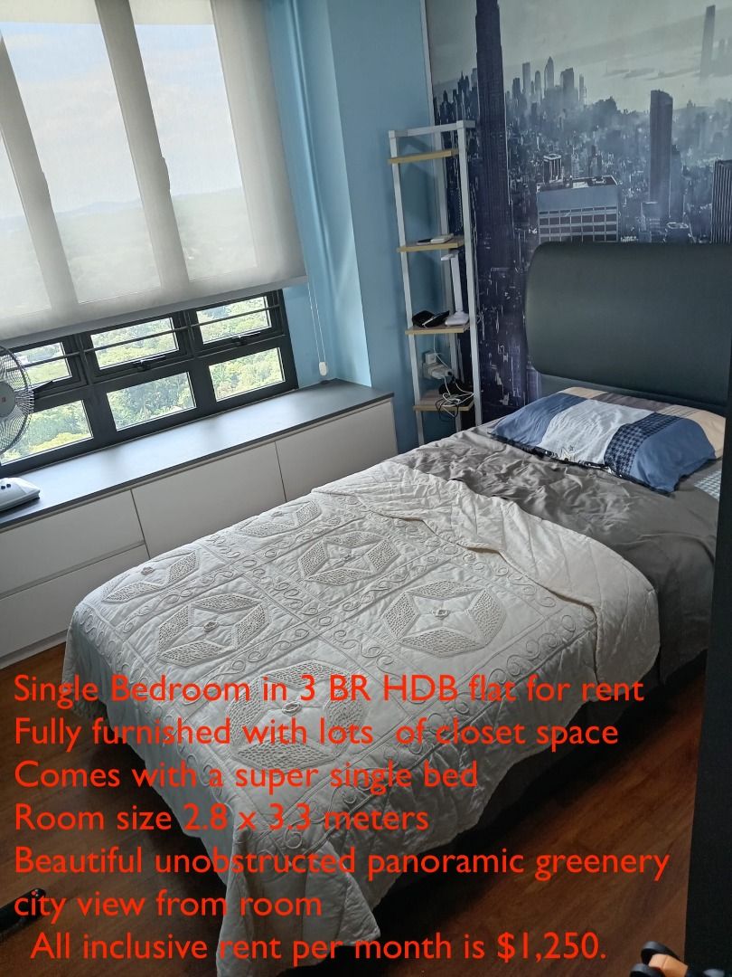 HDB Single Room Rental - City View (Category: Room Rentals) located in Singapore. Submitted by brightdolphin.9e9b6b (Listing ID 1375498976, Image 1). Description: ONE HDB BEDROOM FOR RENT, available now All inclusive rent $1,250/month. A spacious fully furnished bedroom. Located at award winning HDB Skyville, 87 Dawson Road. Just minutes from Queenstown MRT Bus stop to Orchard Road just downstairs. Convenient food court and 24 hour Sheng Shiong j