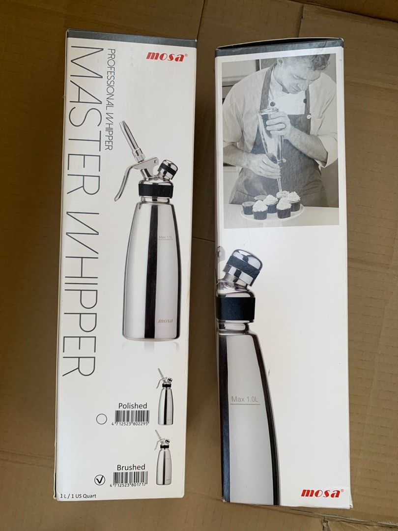 Mosa Master Whipper - Professional Whipped Cream Dispenser (Category: Bakeware) located in Singapore. Submitted by meipee (Listing ID 1379031542, Image 1). Description: Brand new Mosa Master Whipper. Perfect for creating delicious whipped cream, mousses, and sauces. This professional-grade whipper is easy to use and clean. Comes in its original packaging. Great for home cooks and professional chefs alike..