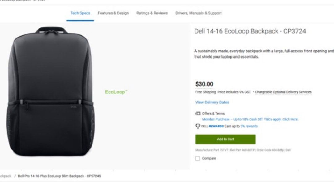 Dell laptop bag 14-16 EcoLoop Backpack - CP3724 (Category: Laptop Bags & Sleeves) located in Singapore. Submitted by ocyen0708 (Listing ID 1388196710, Image 1). Description: .
