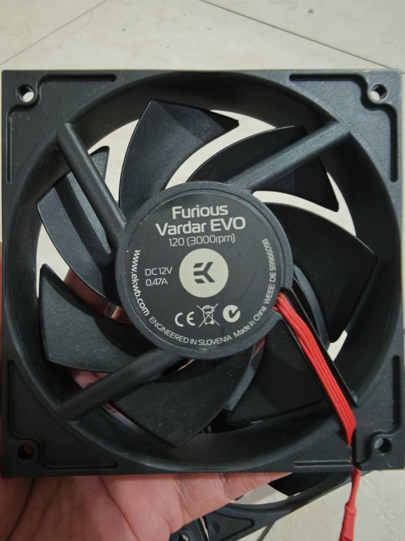 EKWB Furious Vardar EVO 120mm Fan (Category: Computer Parts) located in Singapore. Submitted by pennywisesmile (Listing ID 1391803272, Image 1). Description: - EKWB Furious Vardar EVO 120mm fan for sale. - In good working condition. - Maximum speed: 3000 RPM. - Ideal for PC cooling. - $20 for 3pcs..