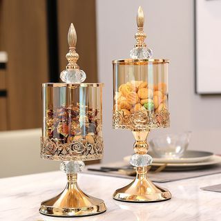 European style Luxury Crystal Glass Storage Jar Dinner Table Candy Jar Decorative Ornaments 轻奢水晶玻璃带盖储物罐欧式美式客厅茶几花边糖果罐收纳装饰摆件